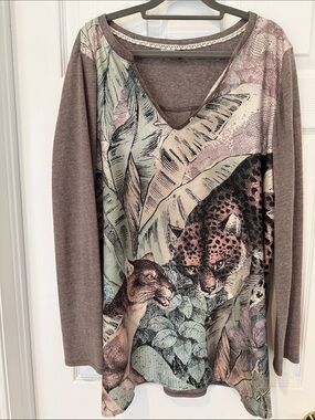 Anthropologie Akemi + Kin Fauna/Jungle Cats Linen Blend Henley Tunic Top, XL